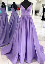 A-line V Neck Sleeveless Satin Sweep Train Prom Dresses With Pleated