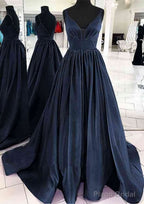 A-line V Neck Sleeveless Satin Sweep Train Prom Dresses With Pleated
