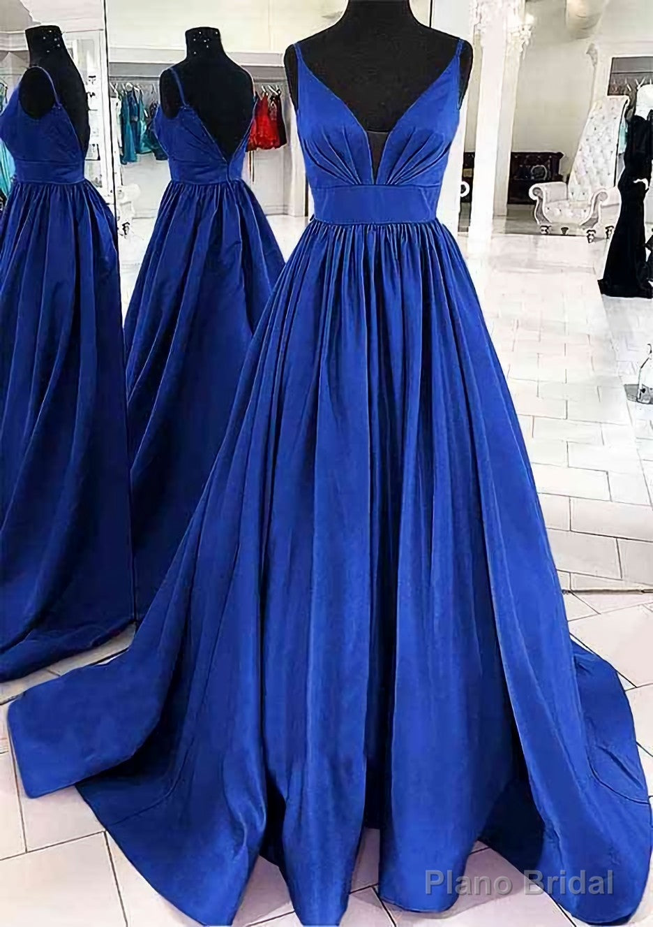 A-line V Neck Sleeveless Satin Sweep Train Prom Dresses With Pleated