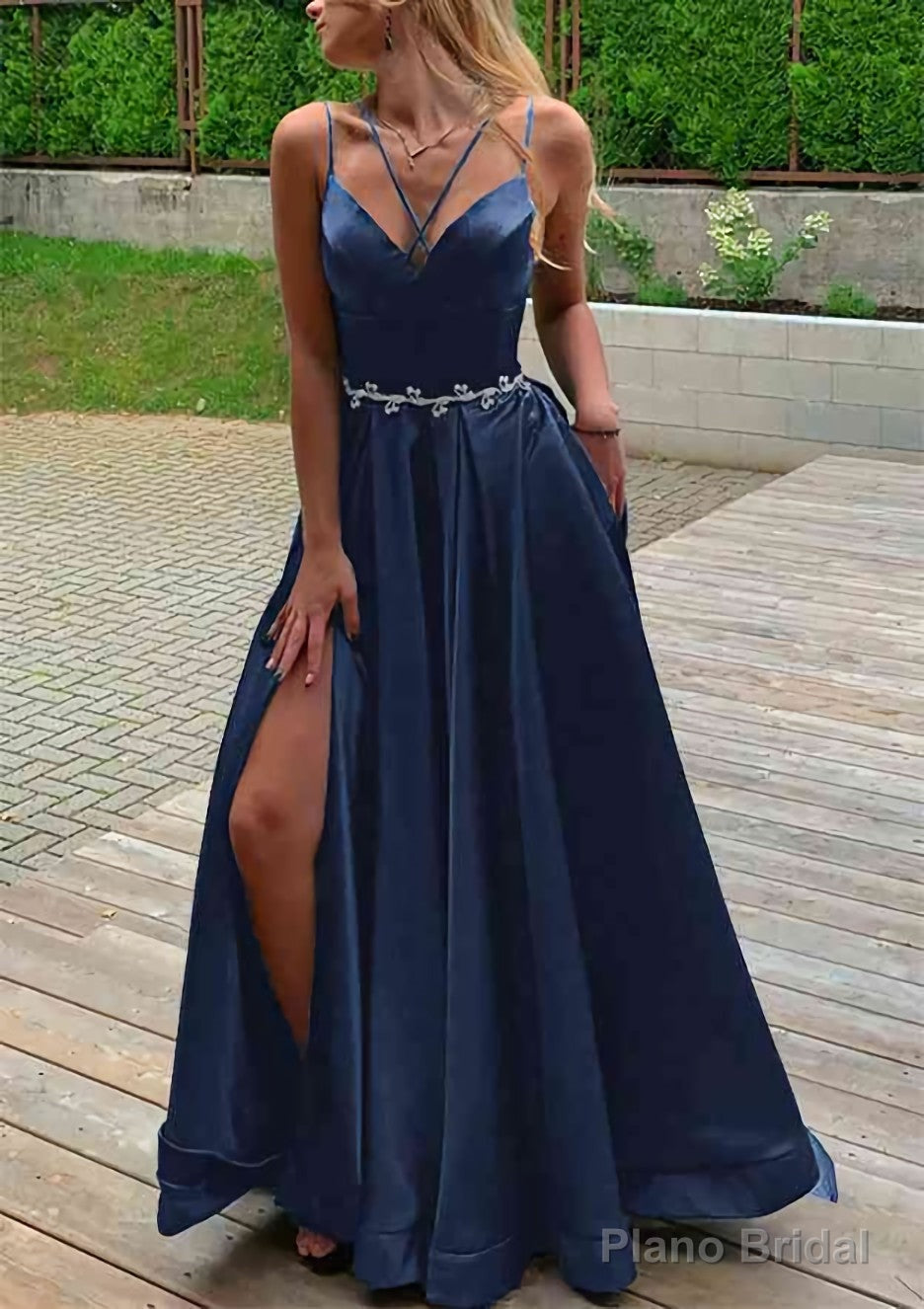 A-line V Neck Sleeveless Satin Sweep Train Prom Dresses With Pockets Waistband Split Secondary image