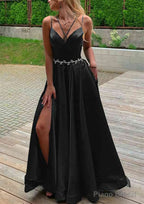 A-line V Neck Sleeveless Satin Sweep Train Prom Dresses With Pockets Waistband Split