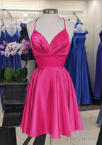 A-line V Neck Sleeveless Short/Mini Charmeuse Homecoming Dresses with Pleated