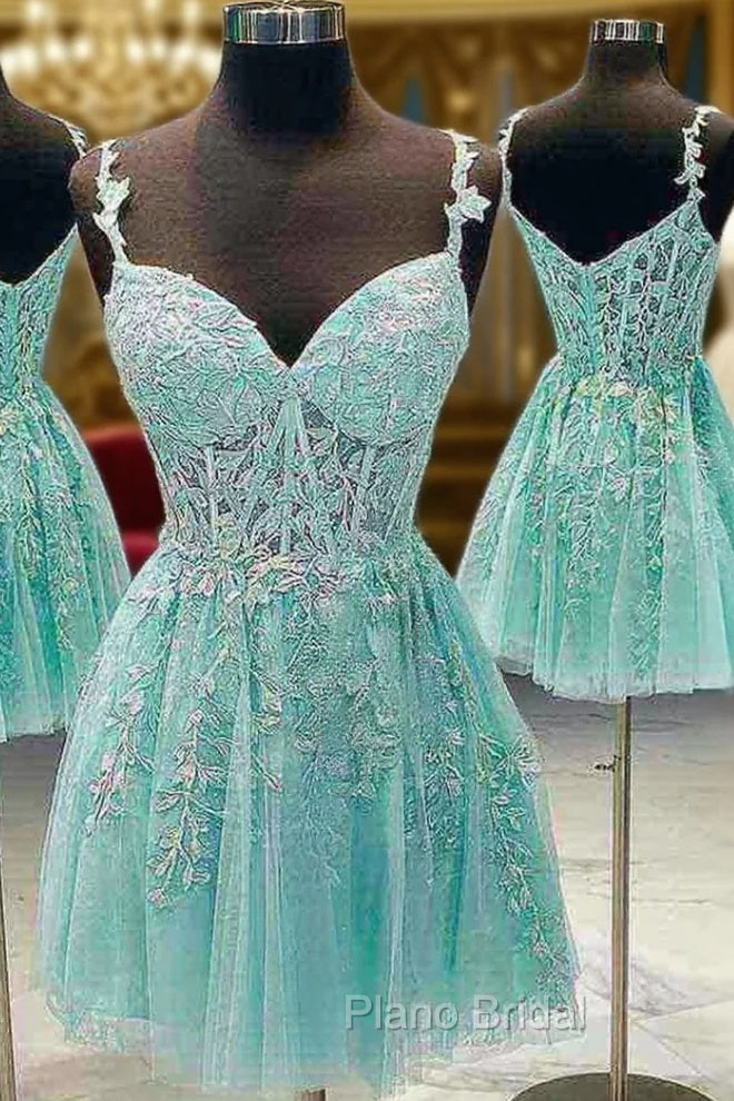 A-line V Neck Sleeveless Short/Mini Lace Formal Prom Dresses With Beading