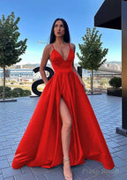 A-line V Neck Sleeveless Sweep Train Satin Prom Dresses