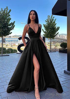 A-line V Neck Sleeveless Sweep Train Satin Prom Dresses
