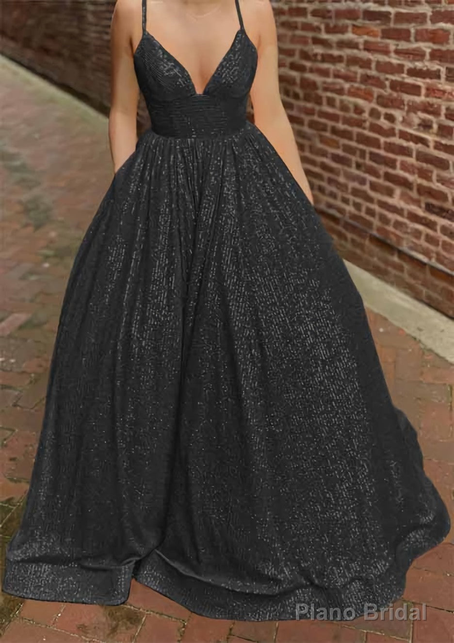 A-line V Neck Sleeveless Sweep Train Sequined Prom Dresses with Pockets
