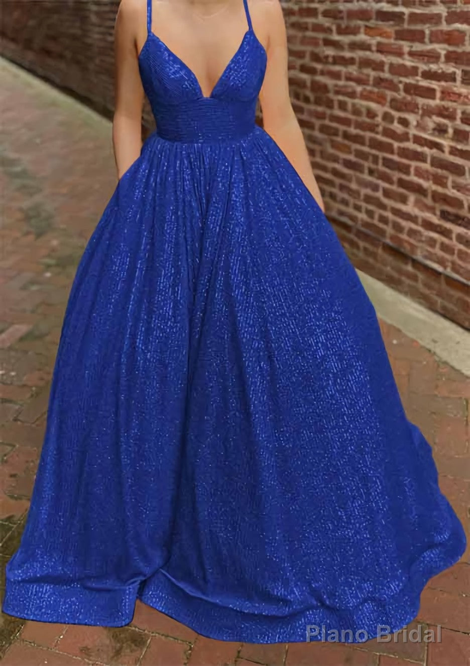 A-line V Neck Sleeveless Sweep Train Sequined Prom Dresses with Pockets