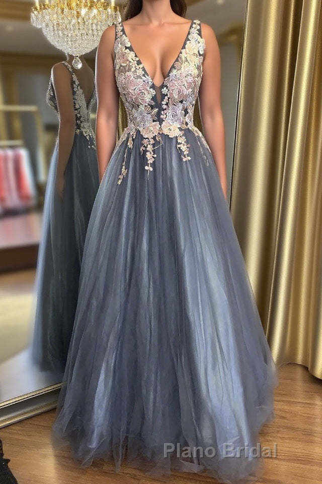 A Line V Neck Smoke Blue Long Formal Prom Dress with Lace Appliques, Floral Smoke Blue Formal Graduation Evening Dress