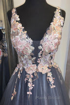 A Line V Neck Smoke Blue Long Formal Prom Dress with Lace Appliques, Floral Smoke Blue Formal Graduation Evening Dress
