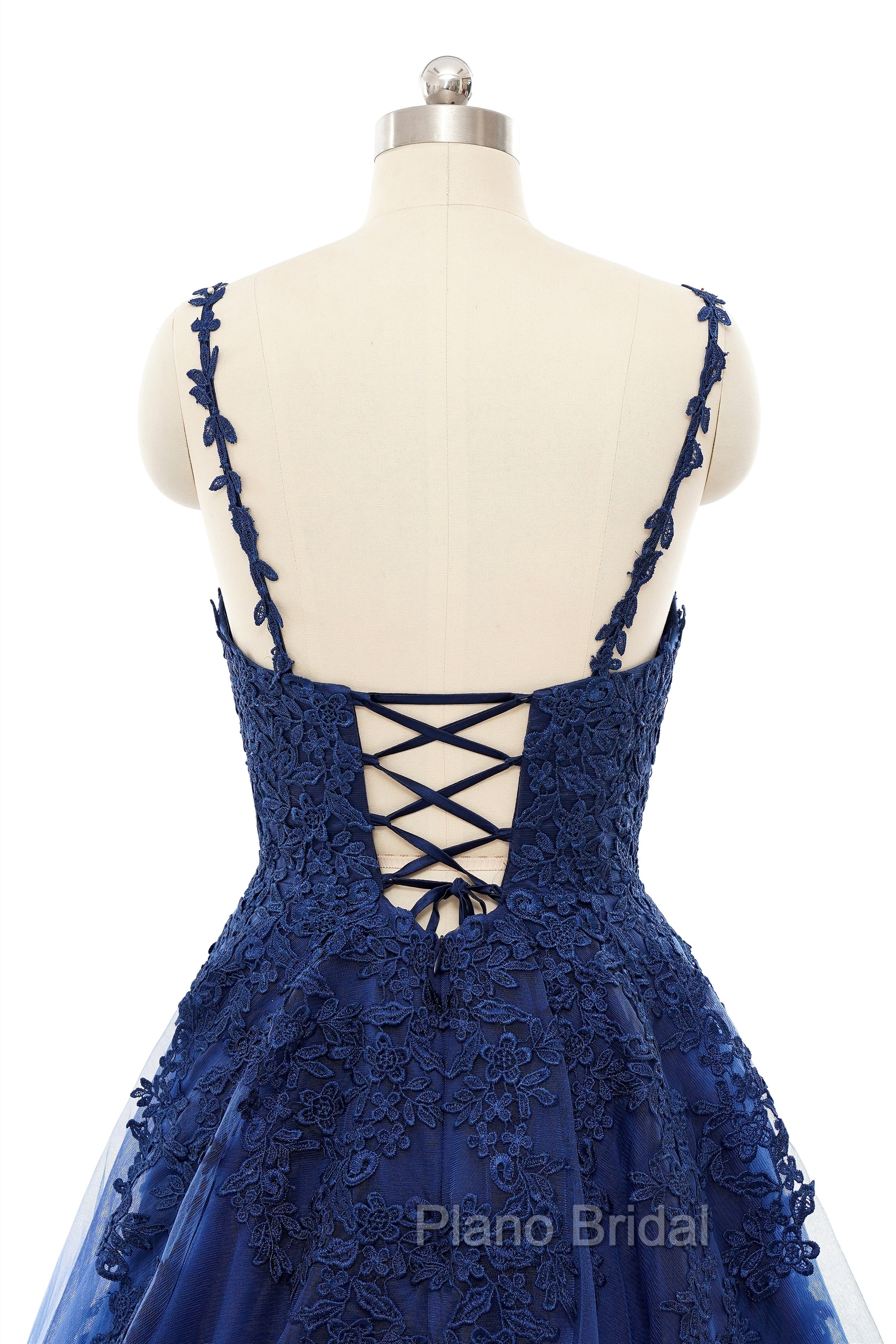 A-line V-neck Spaghetti strap Floor-length Sleeveless Backless Appliques Lace Elegant Formal Prom Dresses