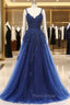A-line V-neck Spaghetti strap Floor-length Sleeveless Backless Appliques Lace Elegant Formal Prom Dresses