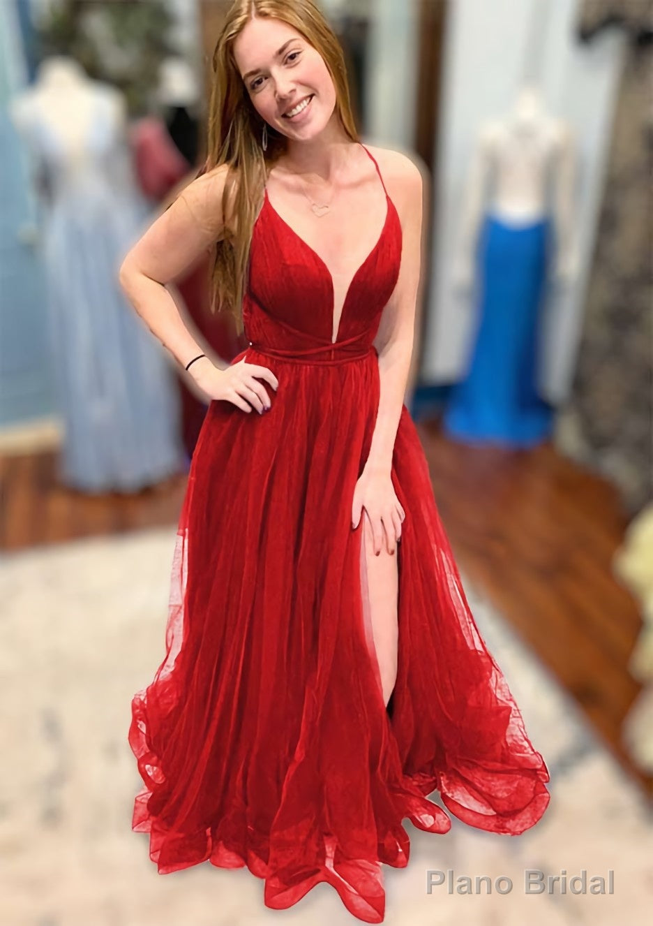 A-line V Neck Spaghetti Straps Court Train Tulle Prom Dresses With Split