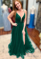 A-line V Neck Spaghetti Straps Court Train Tulle Prom Dresses With Split