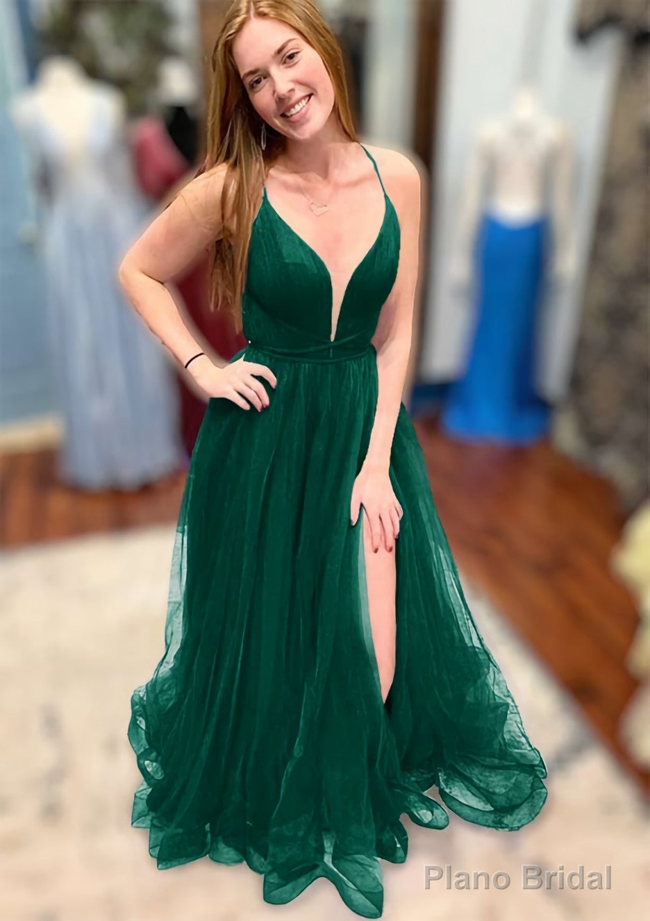 A-line V Neck Spaghetti Straps Court Train Tulle Prom Dresses With Split