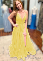 A-line V Neck Spaghetti Straps Court Train Tulle Prom Dresses With Split