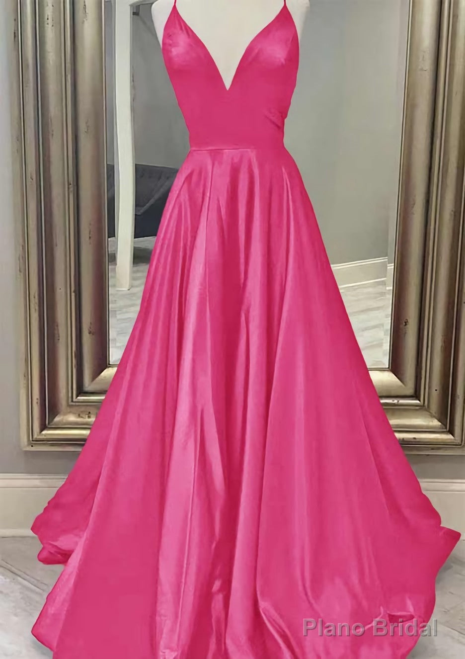 A-line V Neck Spaghetti Straps Long/Floor-Length Charmeuse Prom Dresses With Pockets