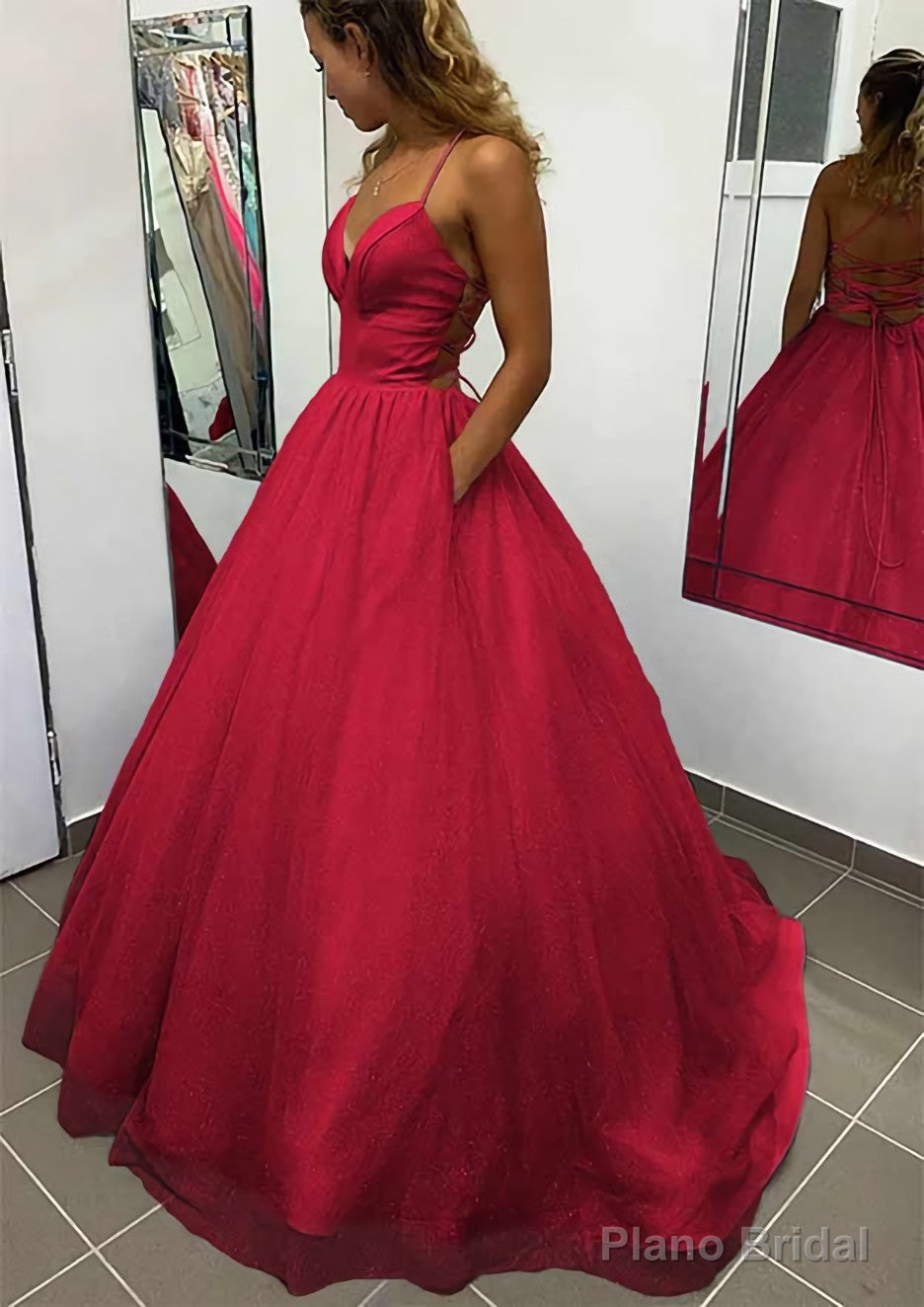 A-line V Neck Spaghetti Straps Long/Floor-Length Glitter Prom Dresses With Pockets