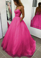 A-line V Neck Spaghetti Straps Long/Floor-Length Glitter Prom Dresses With Pockets