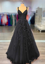 A-line V Neck Spaghetti Straps Long/Floor-Length Lace Prom Dresses With Beading