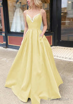 A-line V Neck Spaghetti Straps Long/Floor-Length Satin Prom Dresses With Beading Pockets