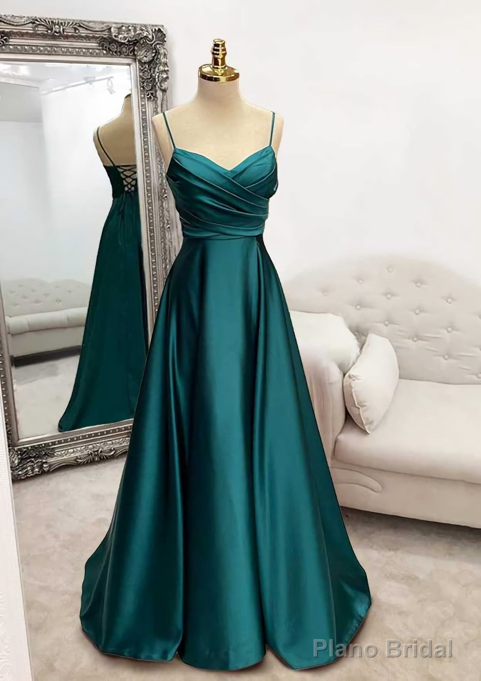 A-line V Neck Spaghetti Straps Long/Floor-Length Satin Prom Dresses With Pleated Main image