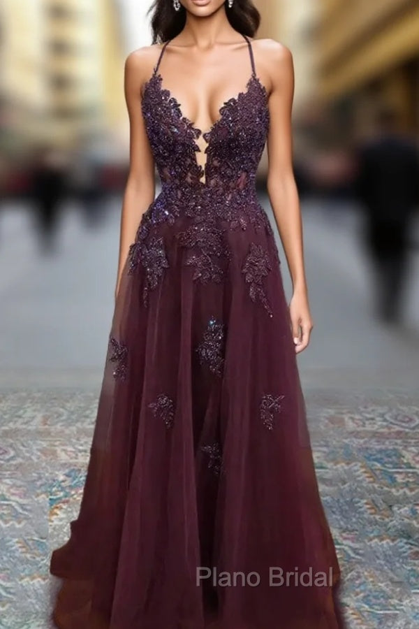 Tulle Cabernet Formal Prom Dresses A-line V Neck Spaghetti Straps Long/Floor-Length With Beading Sequins Appliqued