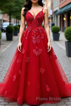 A-line V Neck Spaghetti Straps Long/Floor-Length Tulle Formal Prom Dress With Appliqued Beading