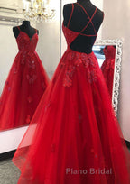 A-line V Neck Spaghetti Straps Long/Floor-Length Tulle Formal Prom Dress With Appliqued Beading