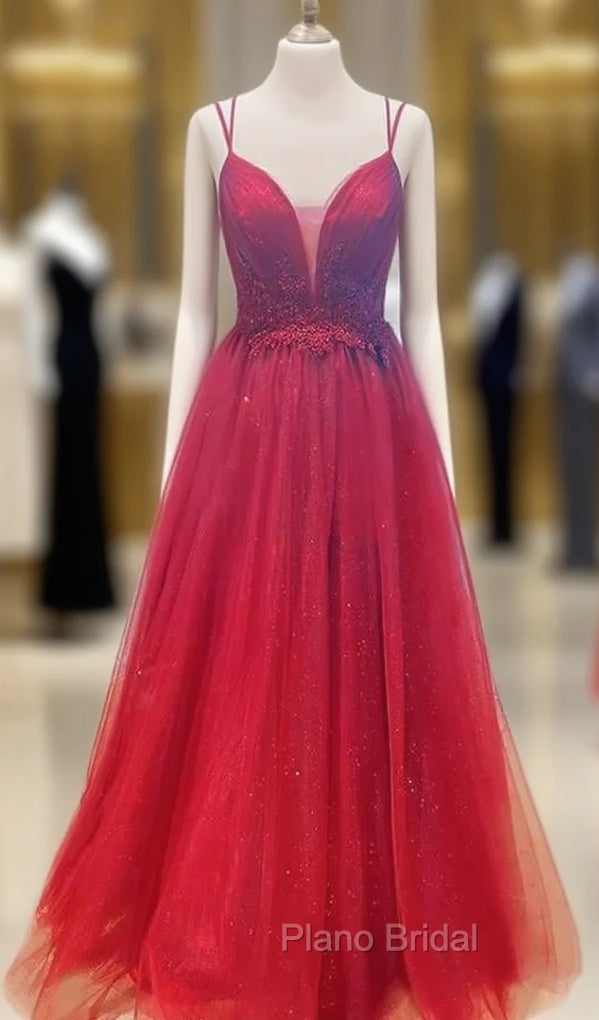 A-line V Neck Spaghetti Straps Long/Floor-Length Tulle Formal Prom Dresses With Appliqued Beading Pleated Glitter Main image