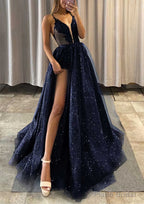 A-line V Neck Spaghetti Straps Long/Floor-Length Tulle Prom Dresses With Appliqued Glitter Split Left