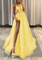 A-line V Neck Spaghetti Straps Long/Floor-Length Tulle Prom Dresses With Appliqued Glitter Split Left