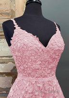 A-line V Neck Spaghetti Straps Long/Floor-Length Tulle Formal Prom Dress With Beading Lace Pockets Sequins