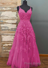 A-line V Neck Spaghetti Straps Long/Floor-Length Tulle Formal Prom Dress With Beading Lace Pockets Sequins