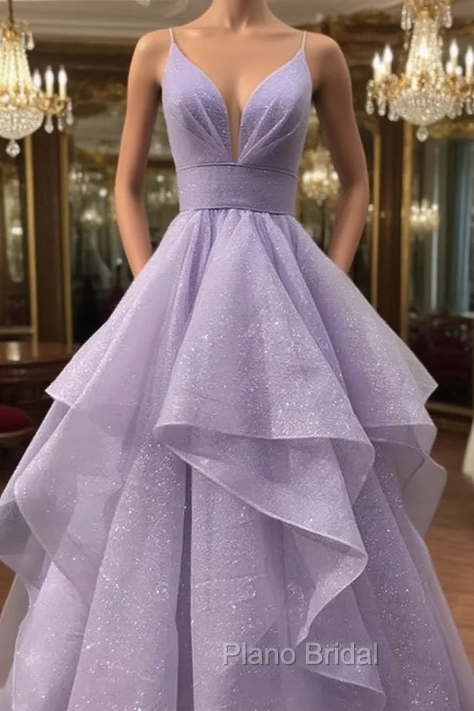 A-line V Neck Spaghetti Straps Long/Floor-Length Tulle Formal Prom Dresses With Pleated Glitter Main image