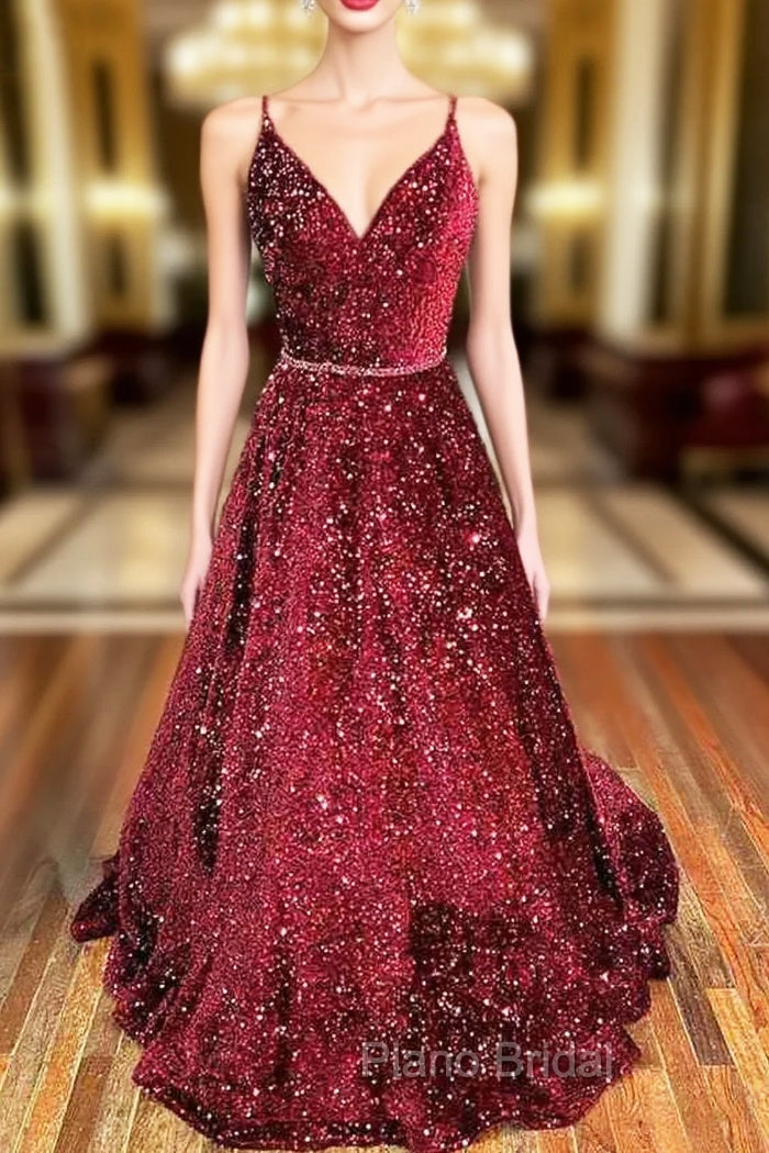 A-line V Neck Spaghetti Straps Long/Floor-Length Velvet Sequins Formal Prom Dresses With Beading
