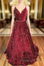 A-line V Neck Spaghetti Straps Long/Floor-Length Velvet Sequins Formal Prom Dresses With Beading