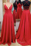 A-line V Neck Spaghetti Straps Sweep Train Charmeuse Formal Prom Dresses With Pleated Split