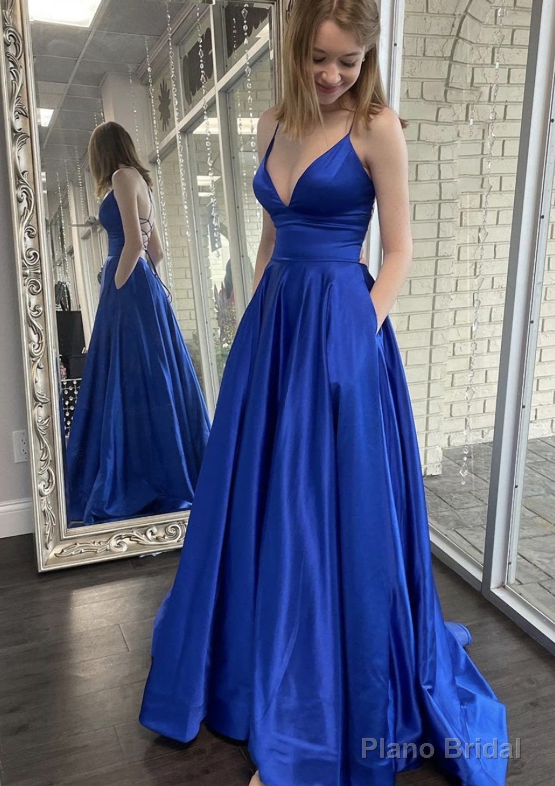 A-line V Neck Spaghetti Straps Sweep Train Charmeuse Prom Dresses With Pockets Main image