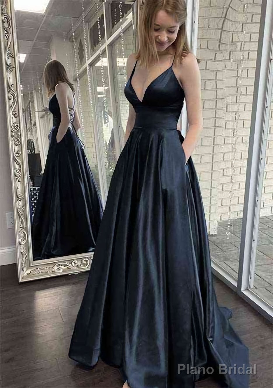 A-line V Neck Spaghetti Straps Sweep Train Charmeuse Prom Dresses With Pockets Secondary image