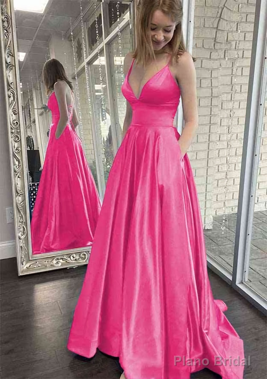 A-line V Neck Spaghetti Straps Sweep Train Charmeuse Prom Dresses With Pockets