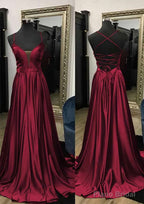 A-line V Neck Spaghetti Straps Sweep Train Charmeuse Prom Dresses With Split