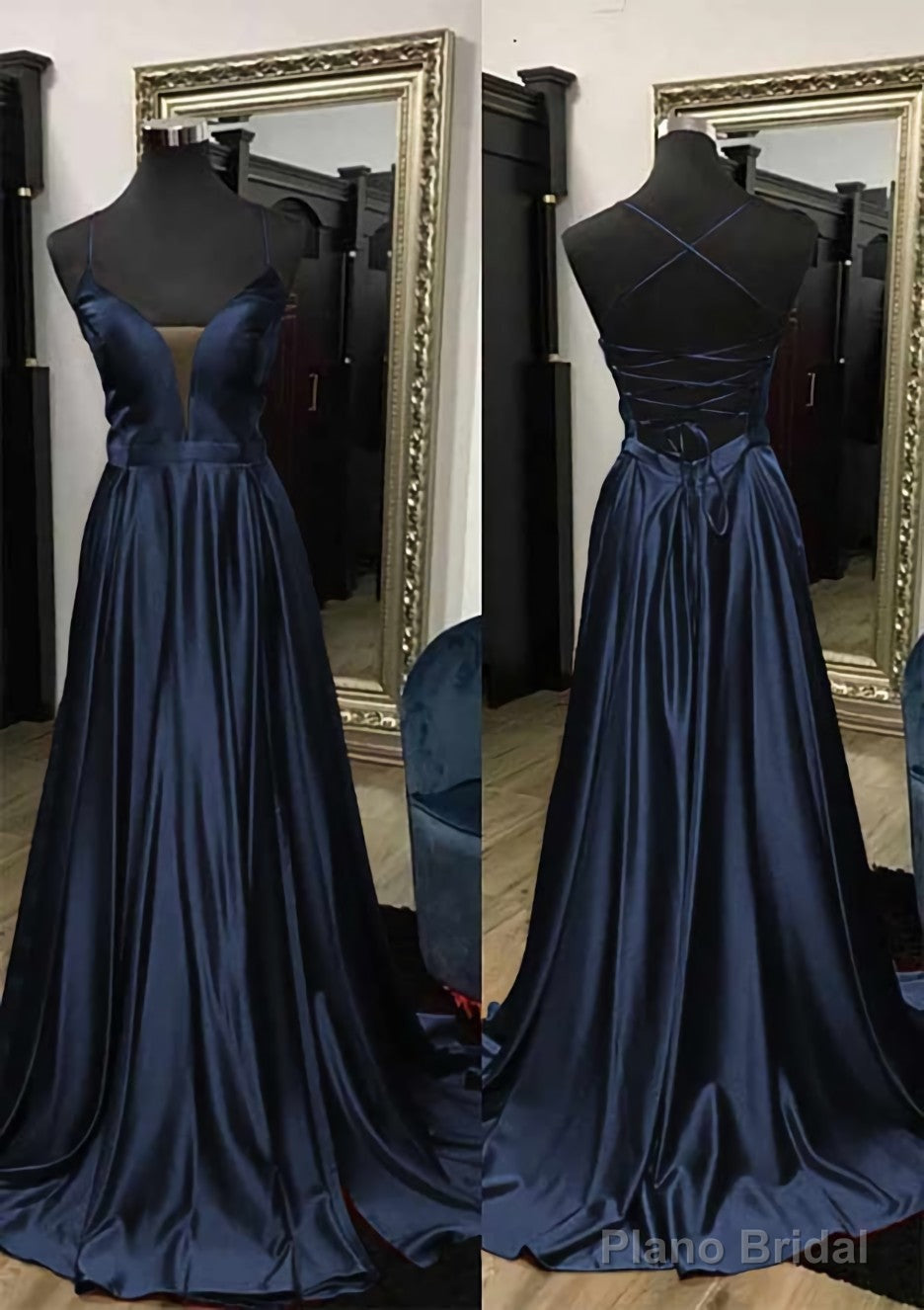 A-line V Neck Spaghetti Straps Sweep Train Charmeuse Prom Dresses With Split Secondary image