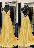 A-line V Neck Spaghetti Straps Sweep Train Charmeuse Prom Dresses With Split