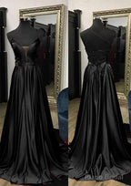 A-line V Neck Spaghetti Straps Sweep Train Charmeuse Prom Dresses With Split