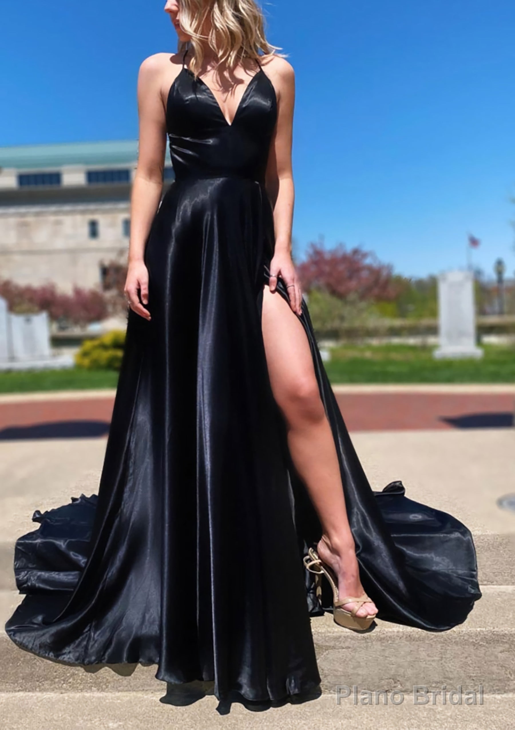 A-line V Neck Spaghetti Straps Sweep Train Charmeuse Prom Dresses With Split Main image