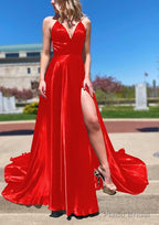 A-line V Neck Spaghetti Straps Sweep Train Charmeuse Prom Dresses With Split