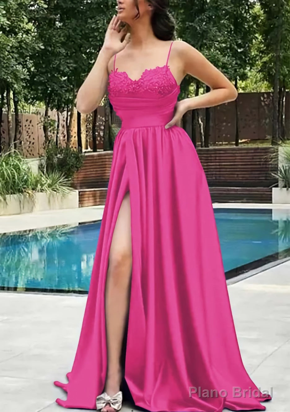 A-line V Neck Spaghetti Straps Sweep Train Satin Prom Dresses With Appliqued Beading Pleated Split