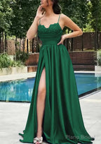 A-line V Neck Spaghetti Straps Sweep Train Satin Prom Dresses With Appliqued Beading Pleated Split