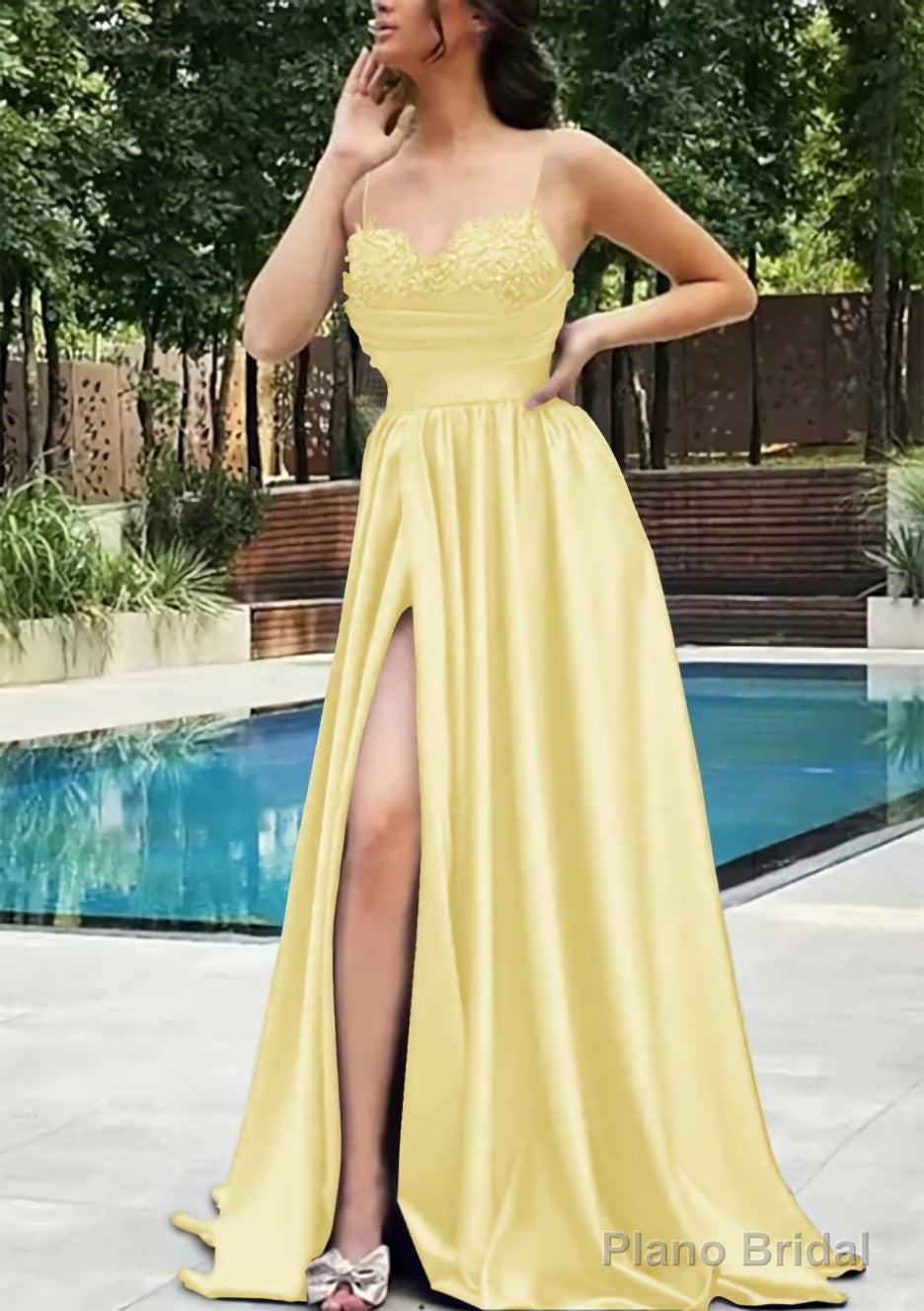 A-line V Neck Spaghetti Straps Sweep Train Satin Prom Dresses With Appliqued Beading Pleated Split