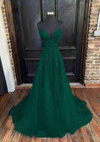 A-line V Neck Spaghetti Straps Sweep Train Tulle Prom Dresses With Appliqued